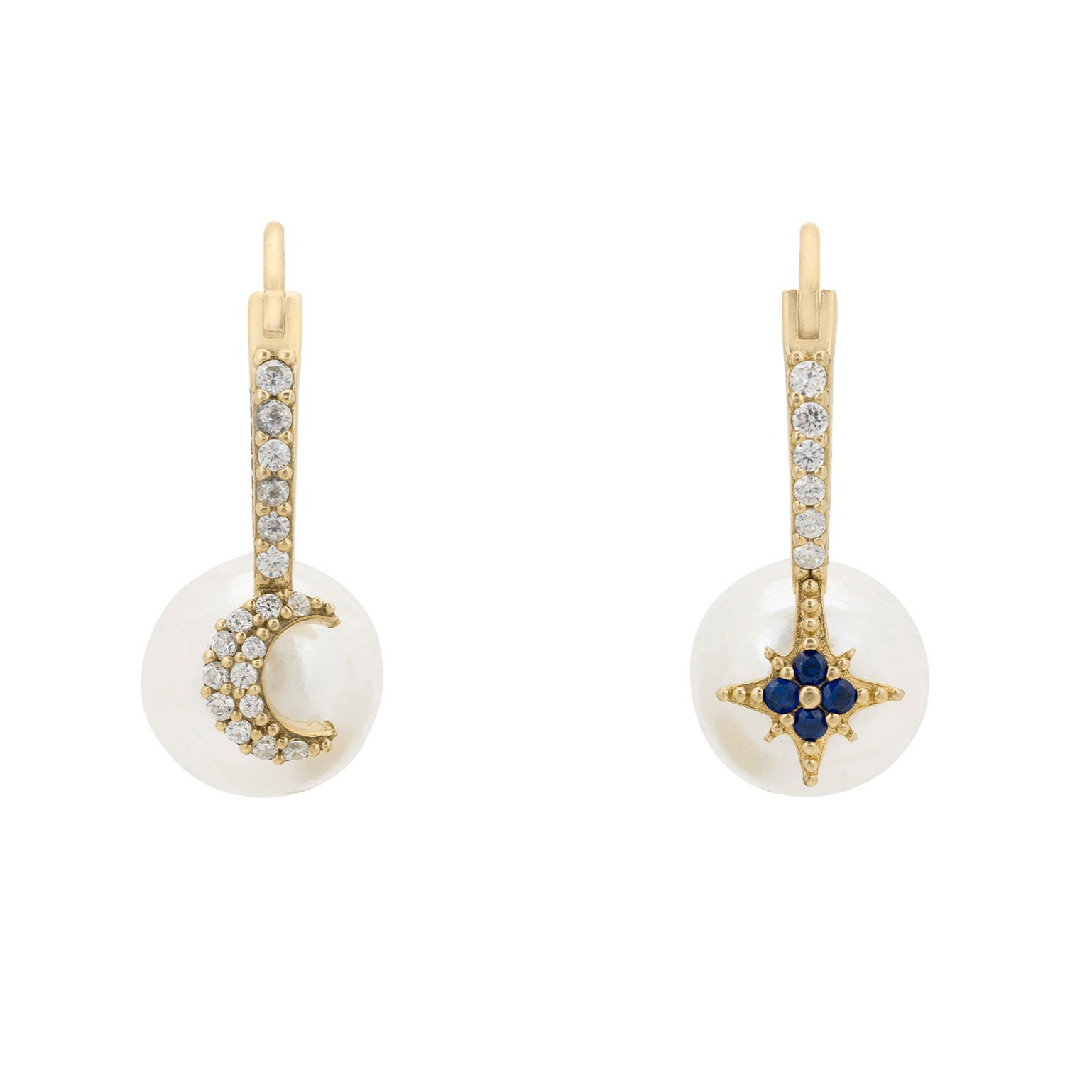 Women's Gold / Blue / White Pearl Moon & Star Earrings Gold LATELITA
