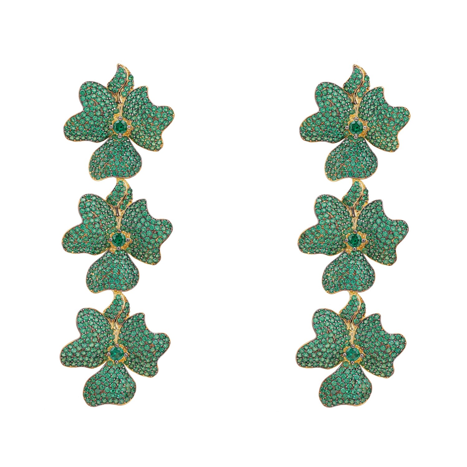 Women's Green / Gold Jasmine Flower Triple Drop Earrings Gold Emerald Green LATELITA