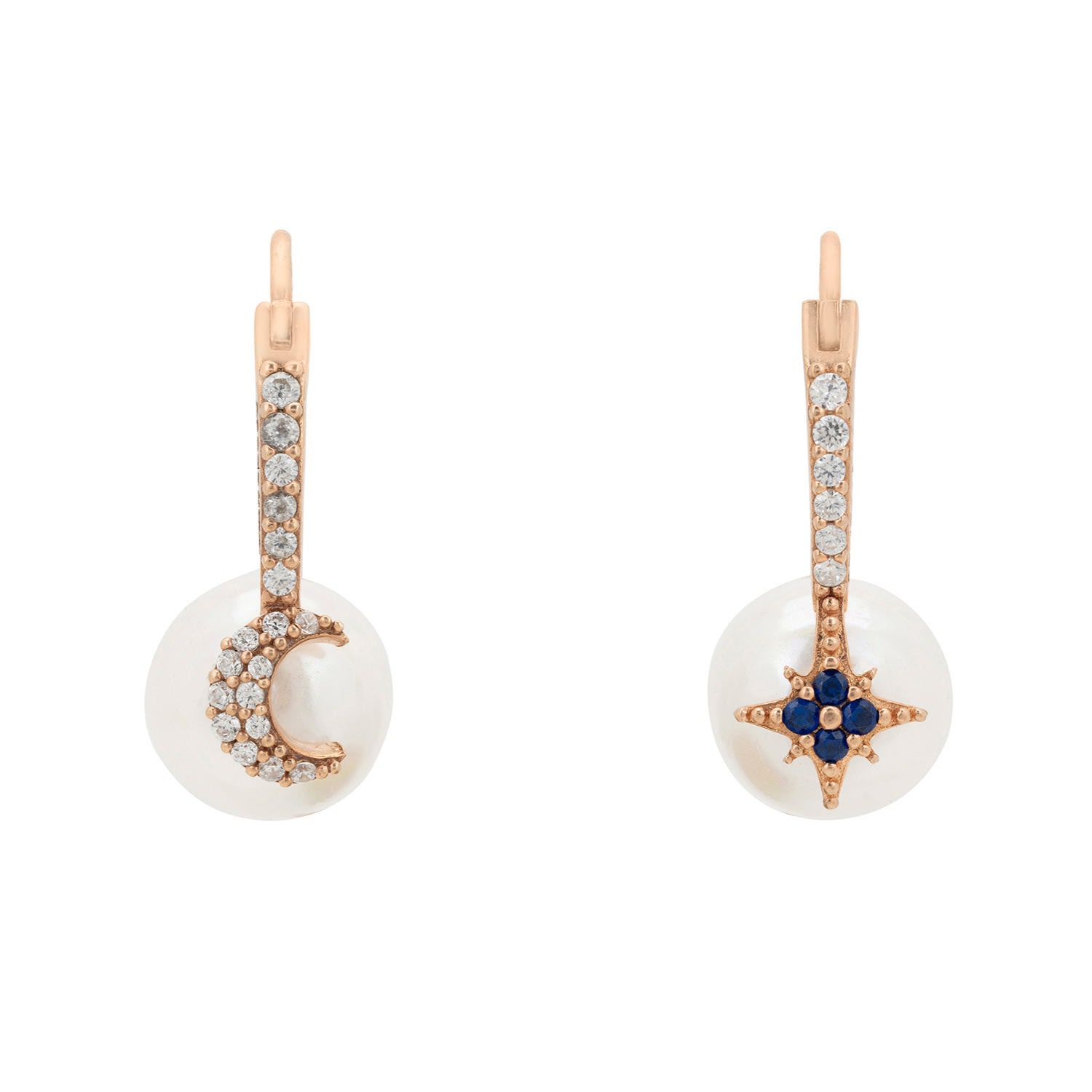 Women's White / Rose Gold / Blue Pearl Moon & Star Earrings Rosegold LATELITA