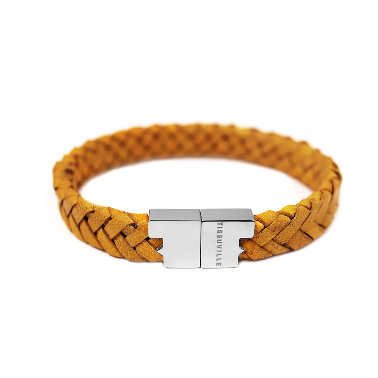 Yellow / Orange Men's Mustard Yellow Braided Leather Bracelet With Silver-Tone Hardware - Yellow & Orange Tissuville