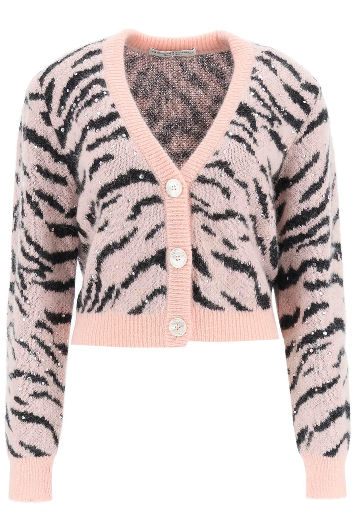 ALESSANDRA RICH CROPPED CARDIGAN WITH ZEBRA MOTIF AND CRYSTALS