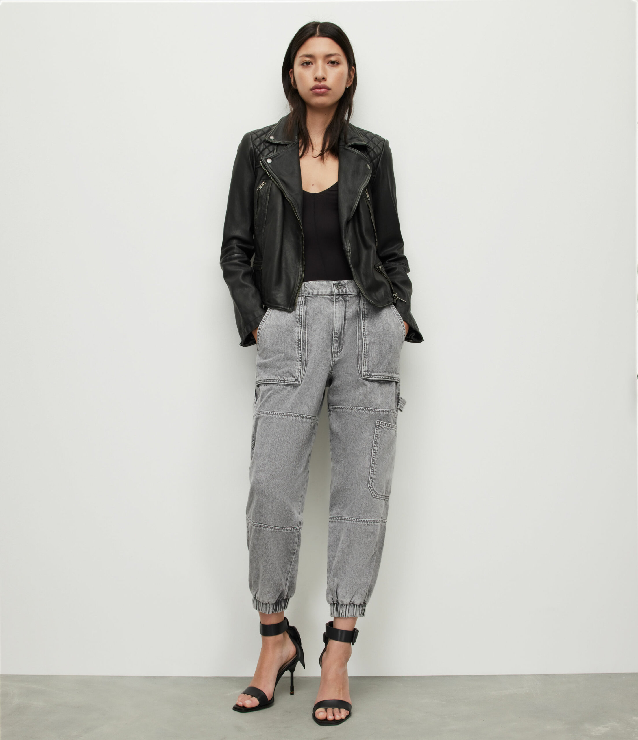 AllSaints Leather Regular Fit Cargo Biker Jacket, Black and Grey, Women's, Size: 4