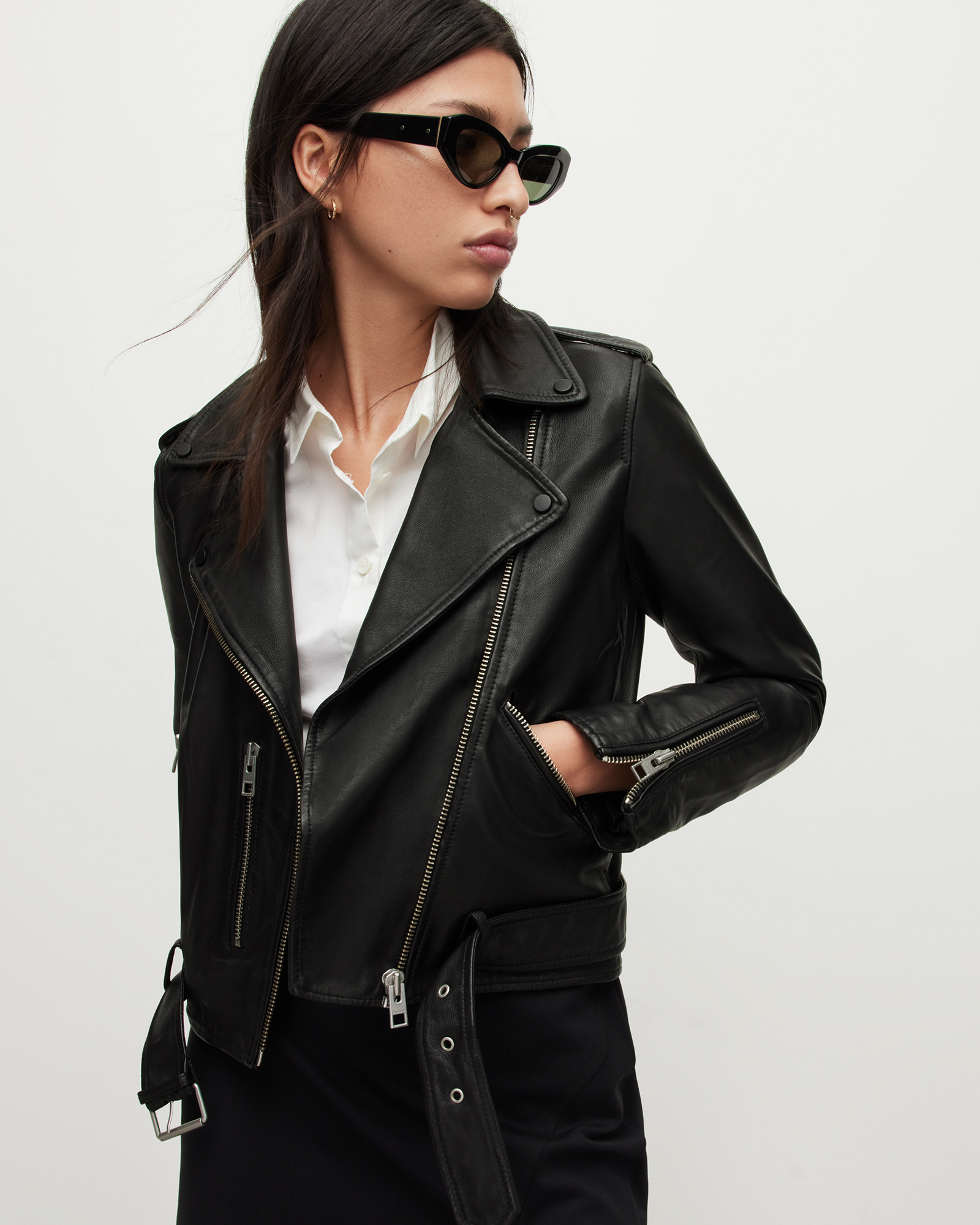 AllSaints Women's Leather Regular Fit Balfern Biker Jacket, Black, Size: 16