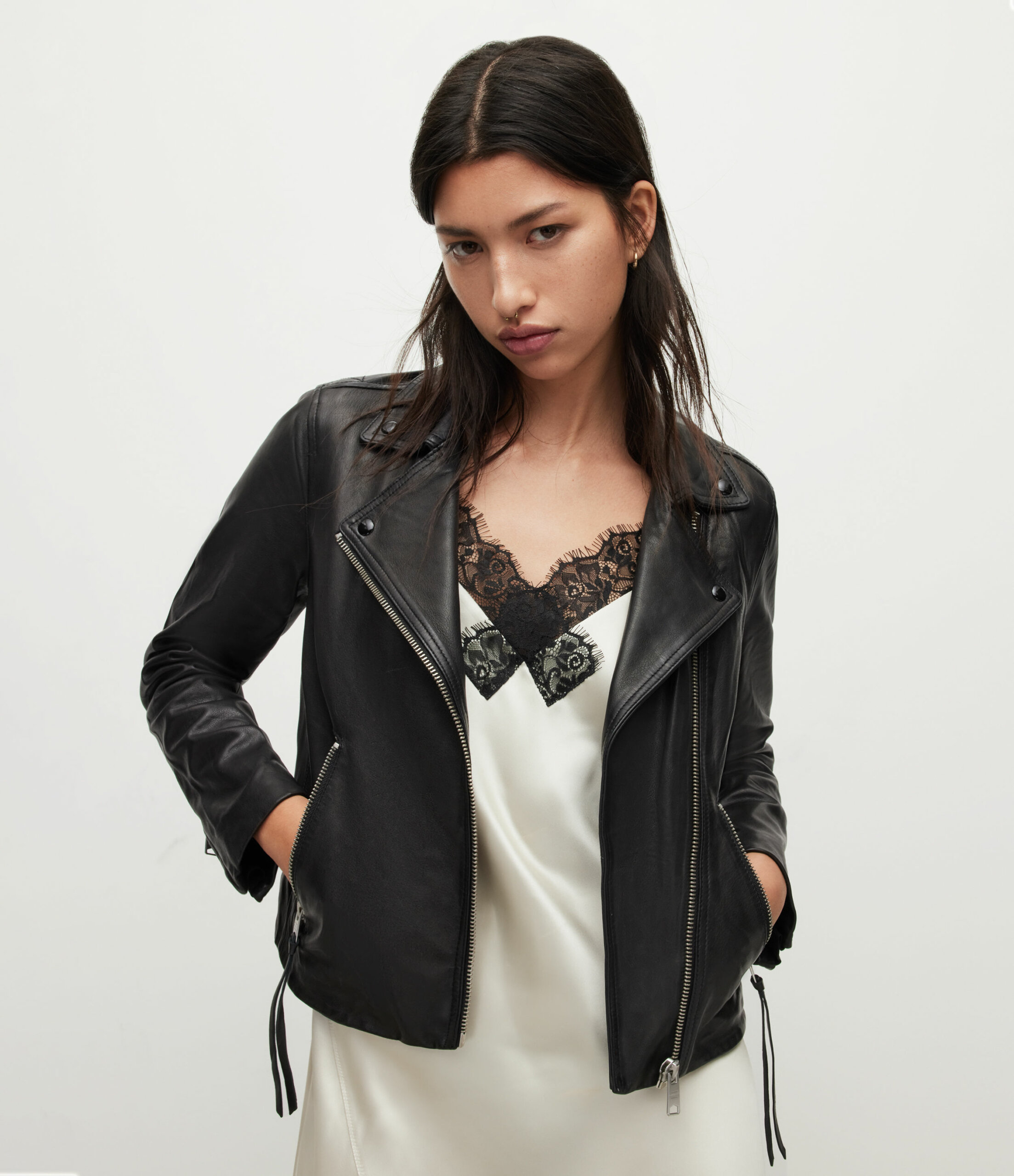 AllSaints Women's Leather Slim Fit Dalby Biker Jacket, Black, Size: 2