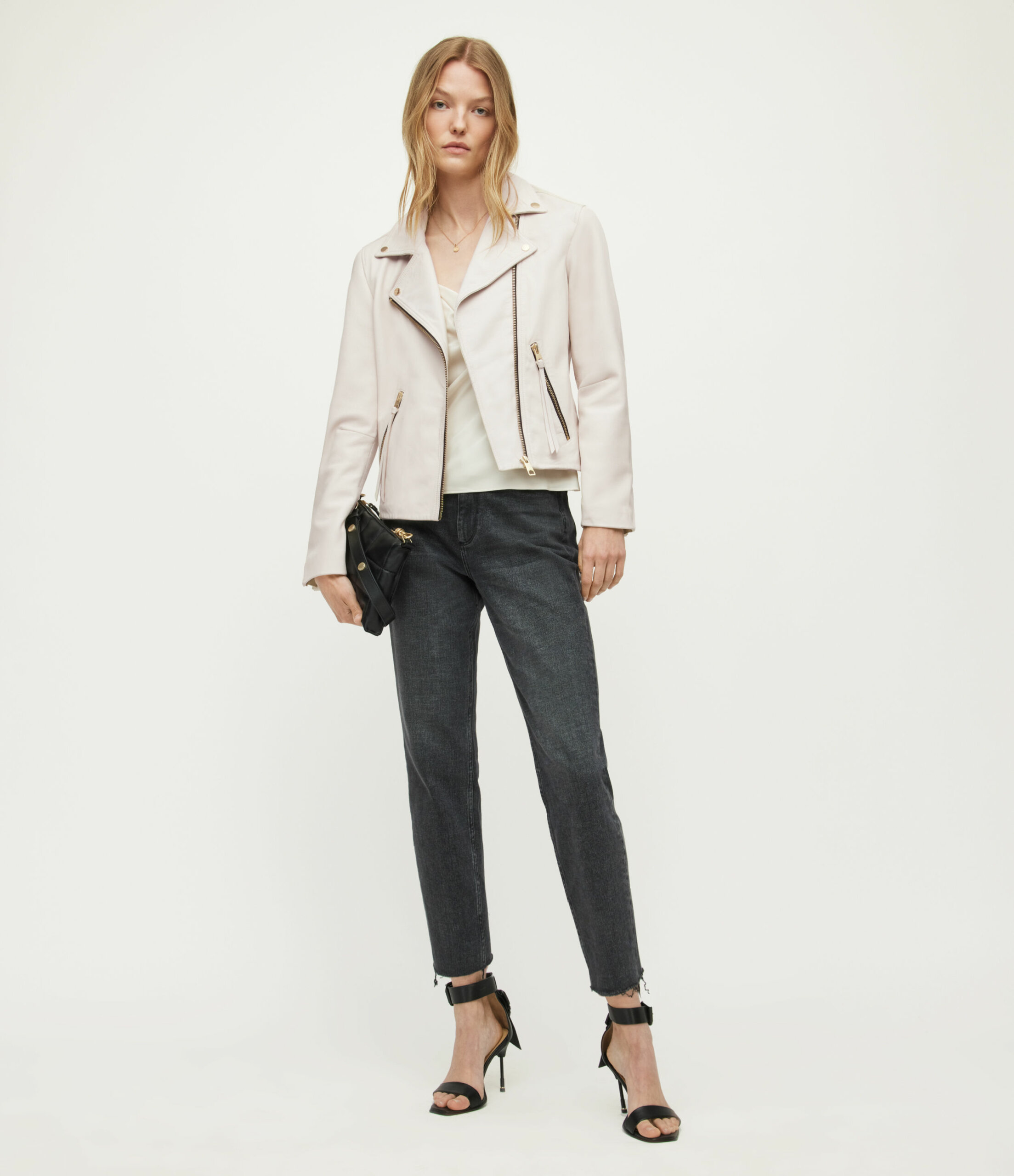 AllSaints Women's Leather Slim Fit Dalby Biker Jacket, Cream, Size: 6