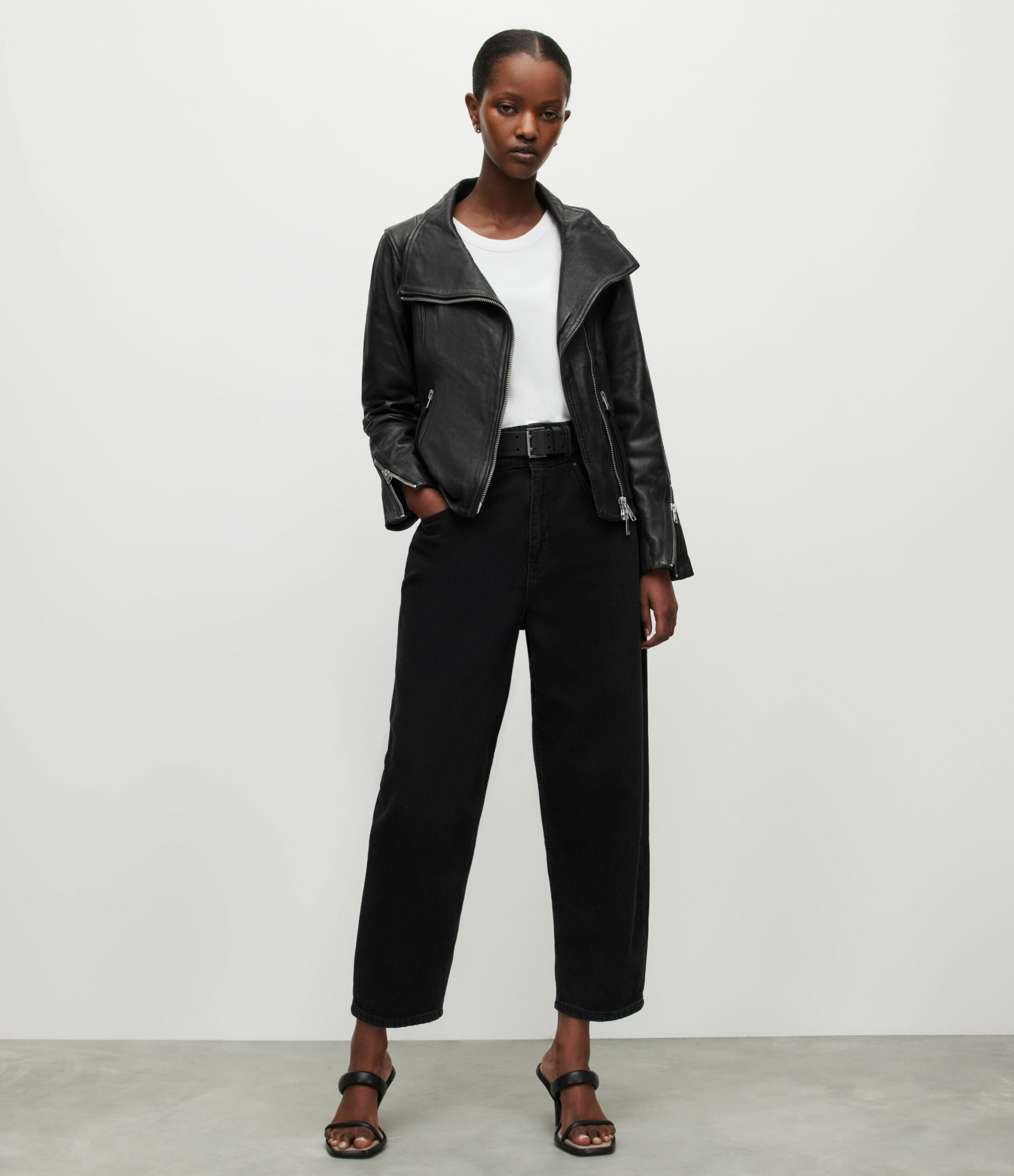 AllSaints Women's Leather Slim Fit Ellis Funnel Neck Biker Jacket, Black, Size: 10