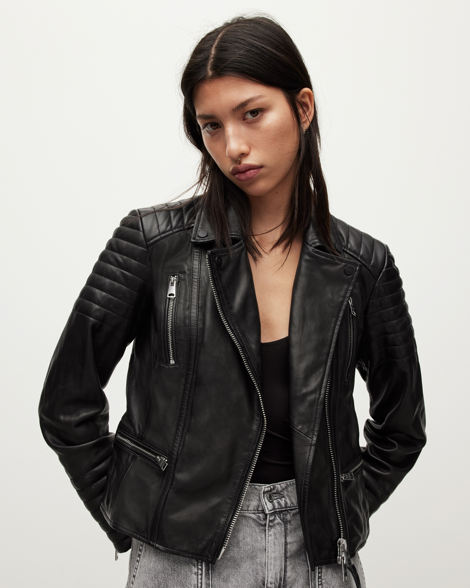 AllSaints Women's Leather Slim Fit Leoni Biker Jacket, Black, Size: 6