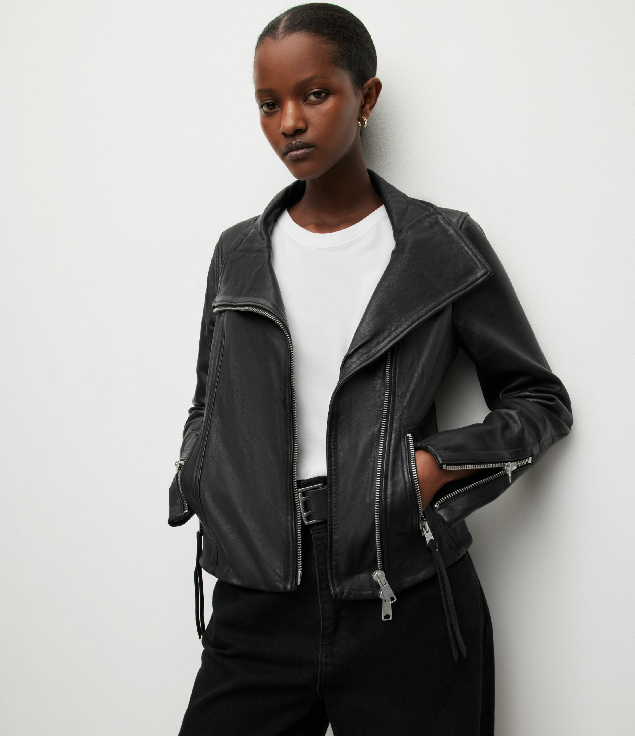 AllSaints Women's Slim Fit Ellis Biker Jacket, Black, Size: 6