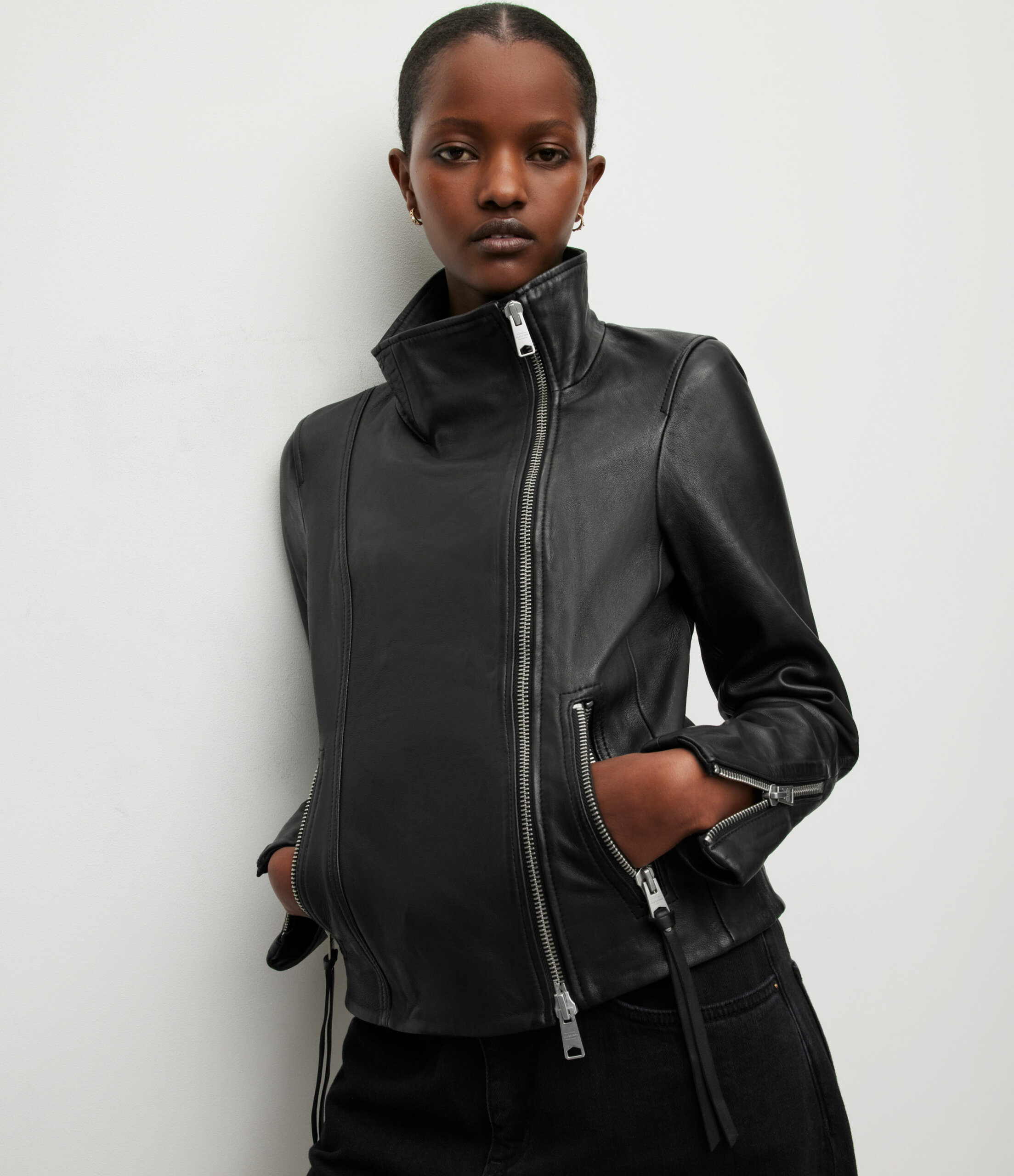 AllSaints Women's Slim Fit Ellis Biker Jacket, Black, Size: 8