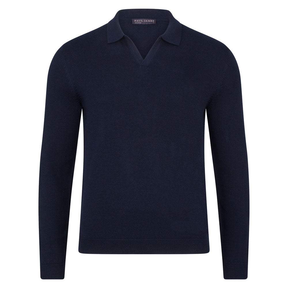 Blue Mens Cotton Lightweight Lyndon Buttonless Polo Shirt - Navy Extra Small Paul James Knitwear