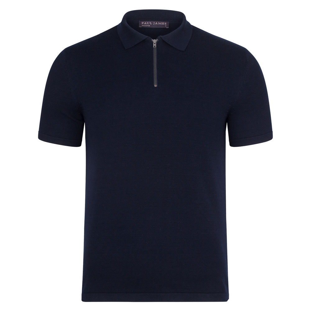 Blue Mens Lightweight 100% Cotton Short Sleeve Zip Neck Lewis Polo Shirt - Navy Medium Paul James Knitwear