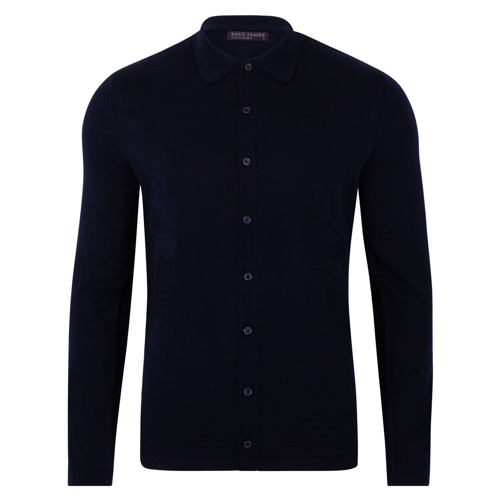 Blue Mens Lightweight Extra Fine Merino Long Sleeve Aiden Shirt - Navy Small Paul James Knitwear