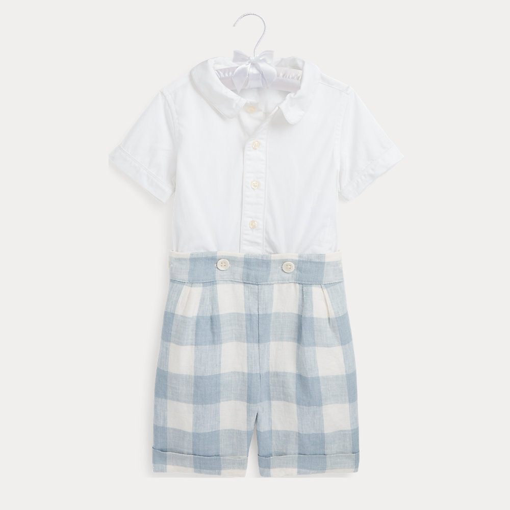 Cotton Shirt & Gingham Linen Short Set