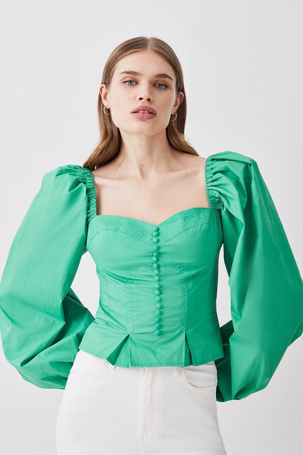 Cotton Top Stitch Puff Sleeve Top - Green