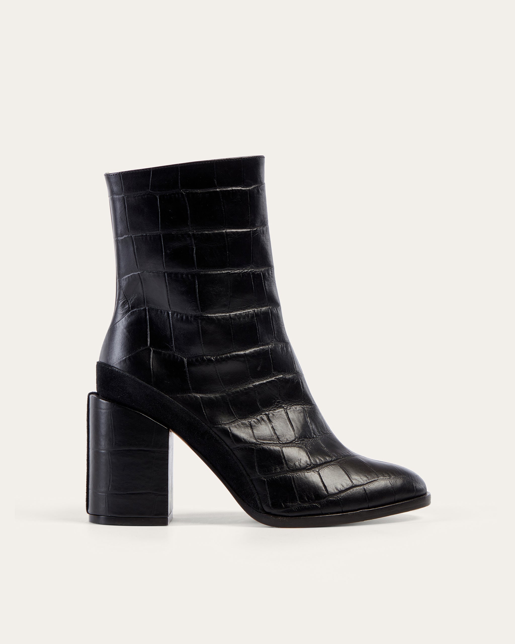 Dear Frances - Black Croc Print Leather Block Heeled Ankle Boots