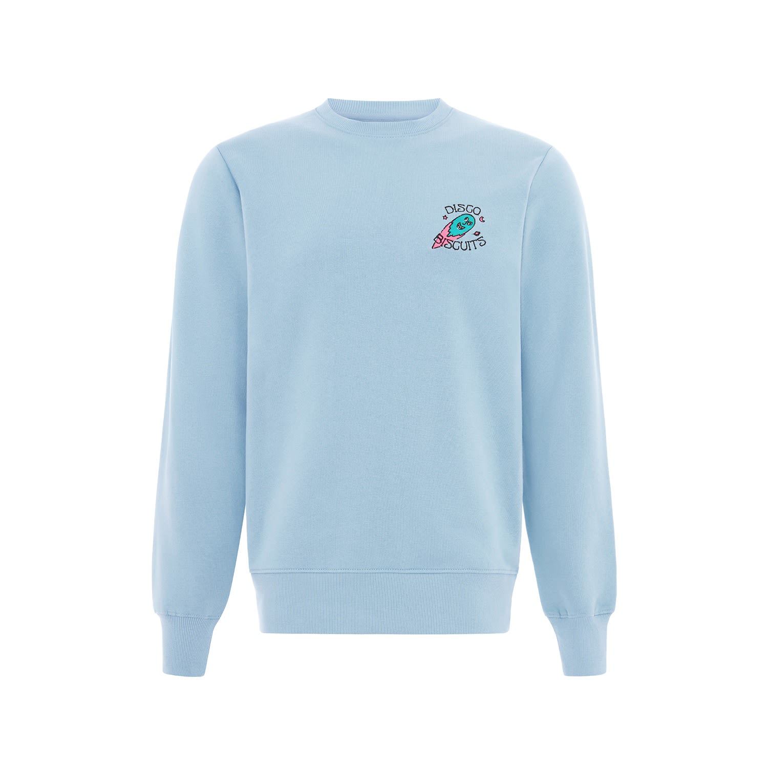Disco Trip Embroidered Organic Cotton Mens Sweatshirt In Light Blue Extra Large blonde gone rogue