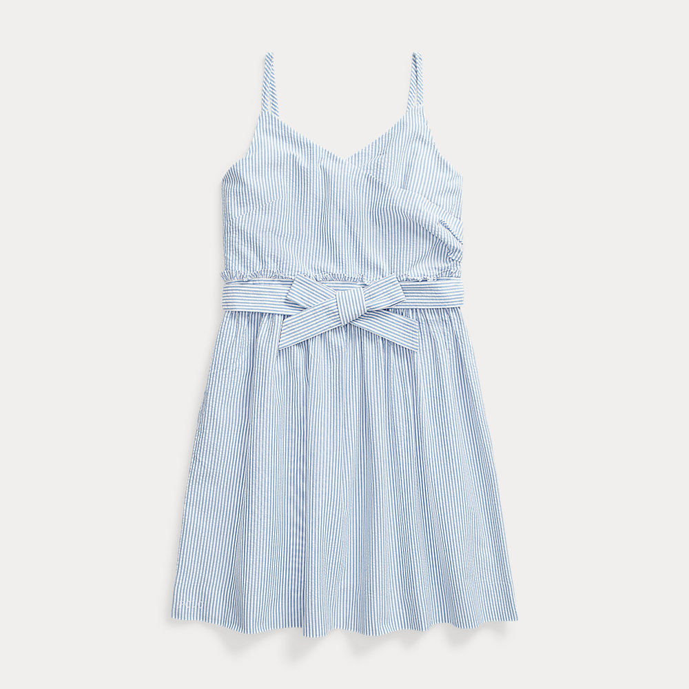 Faux-Wrap Cotton Seersucker Dress