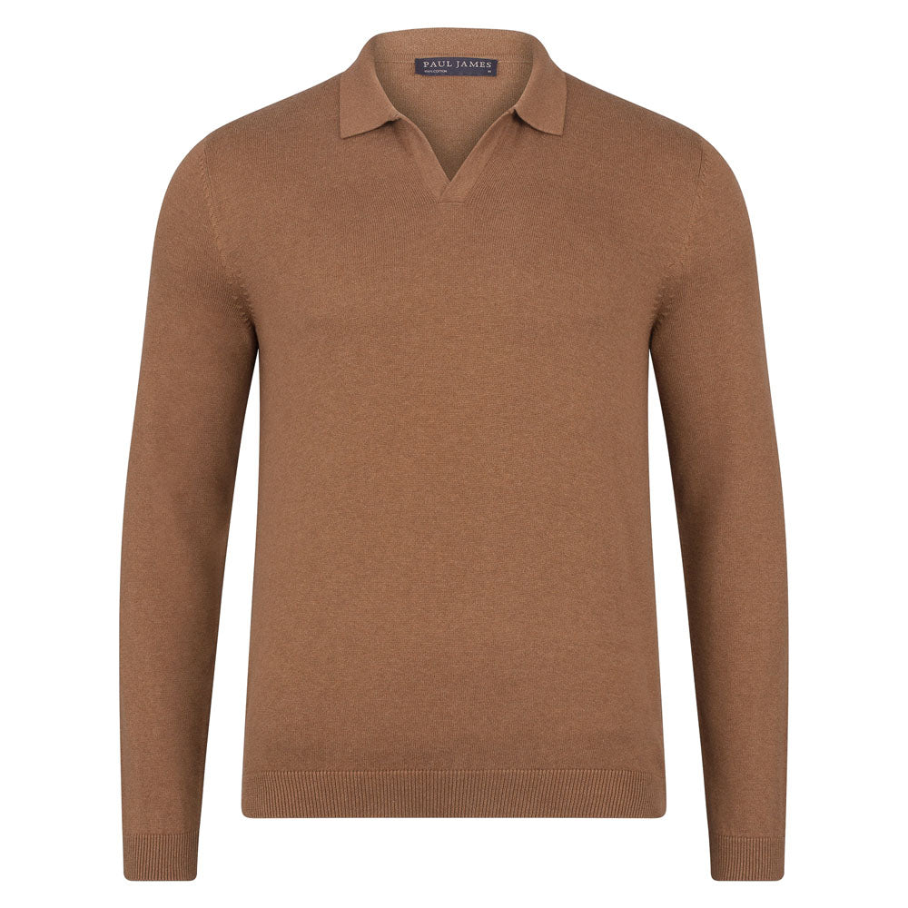 Gold Mens Cotton Lightweight Lyndon Buttonless Polo Shirt - Camel Small Paul James Knitwear