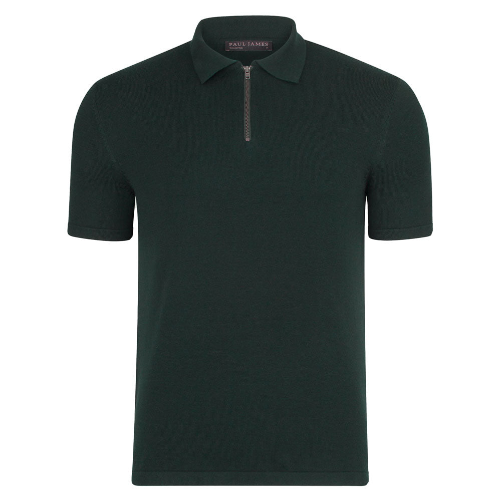 Green Mens Lightweight 100% Cotton Short Sleeve Zip Neck Lewis Polo Shirt - Olive Medium Paul James Knitwear
