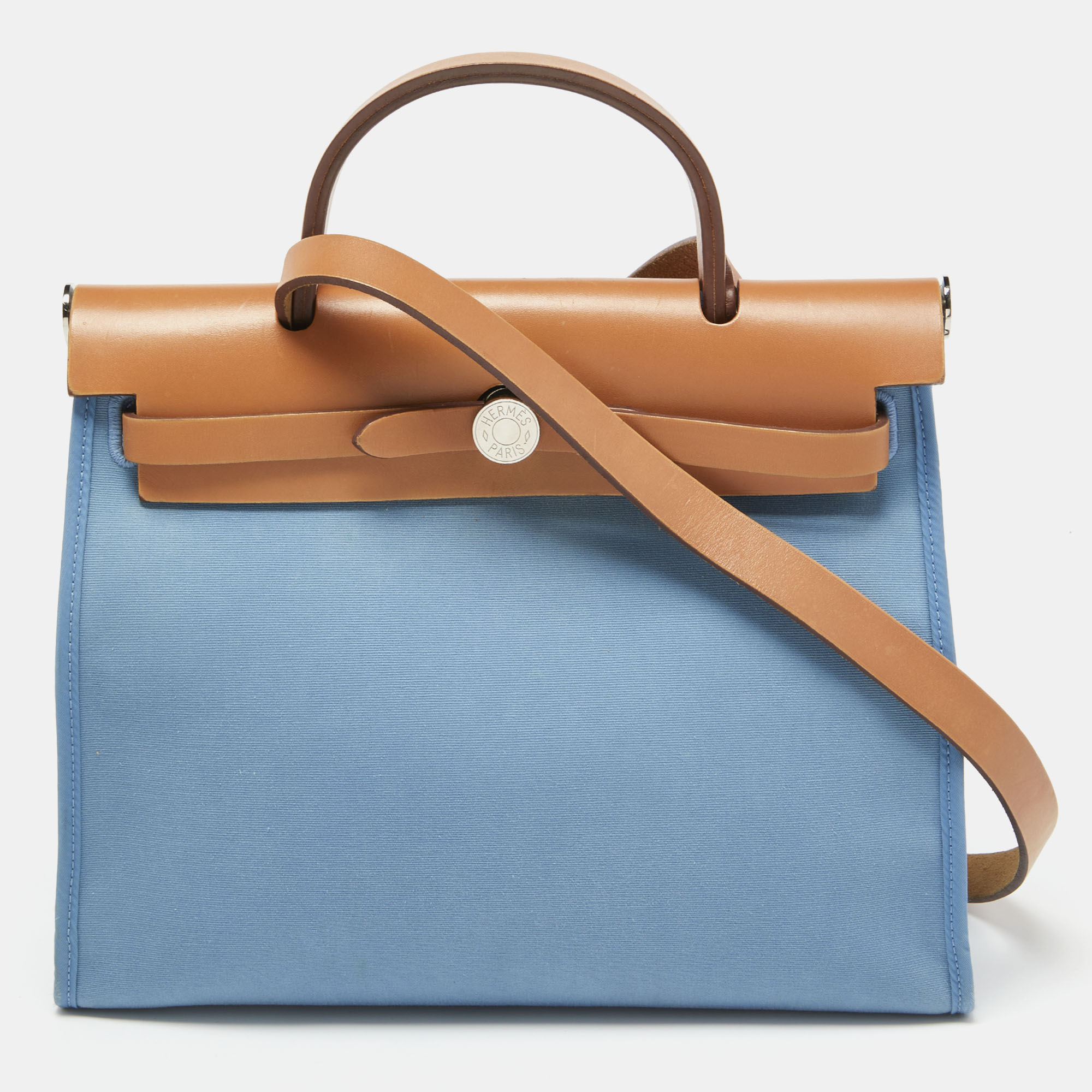 Hermes Bleu Brighton/Vache Naturel Leather and Canvas Herbag Zip 31 Bag