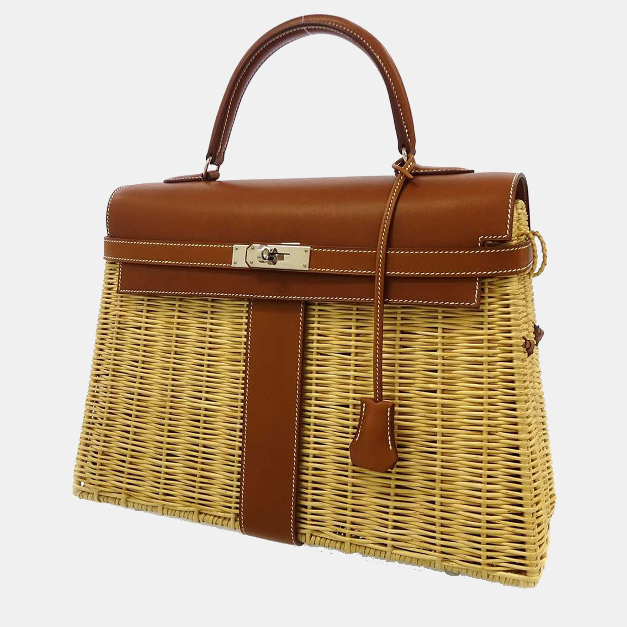 Hermes Brown Leather Palladium Hardware Limited Edition Barenia Wicker Picnic Kelly 35 Bag