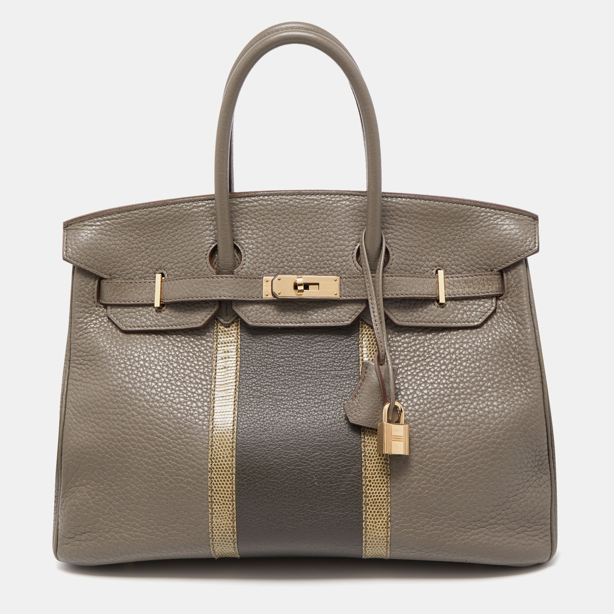 Hermès Etain/Graphite/Gris Fonce Clemence Leather and Lizard Permabrass Finish Birkin 35 Bag