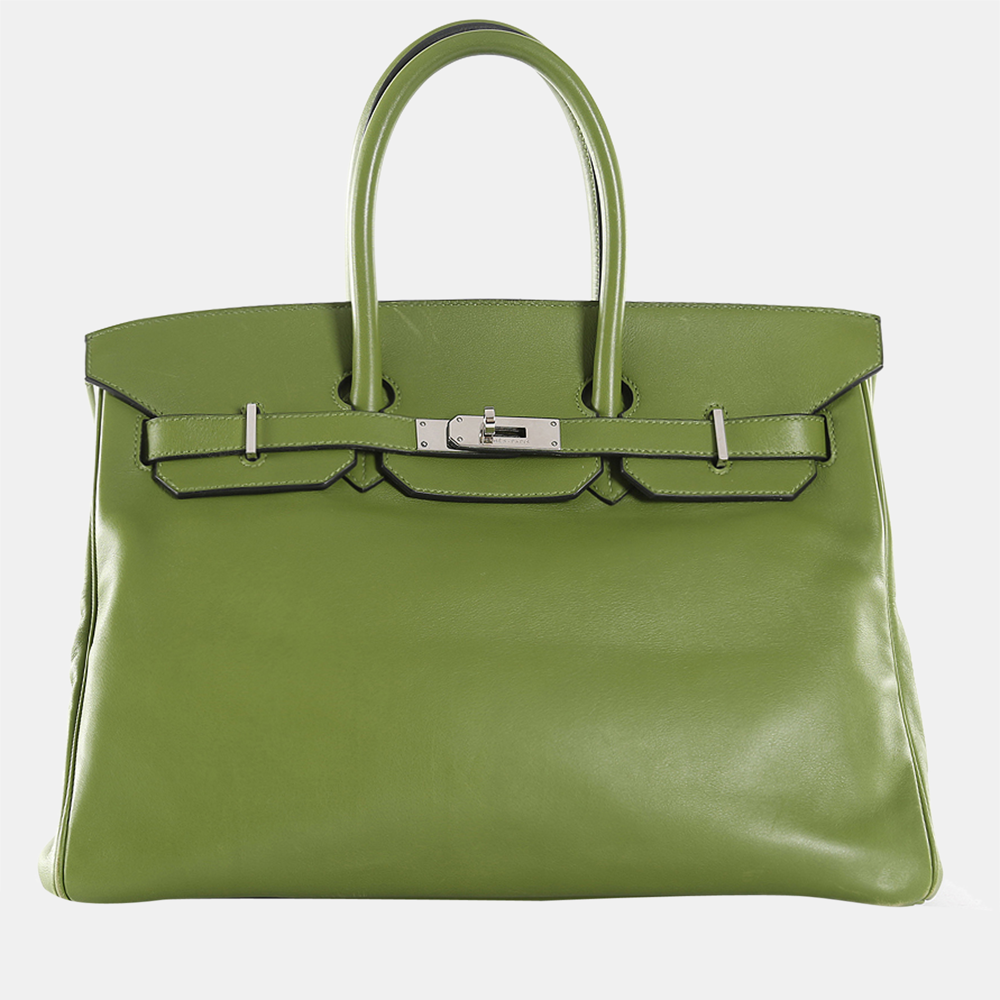 Hermes Green Swift Leather Palladium Hardware Birkin 35 Bag