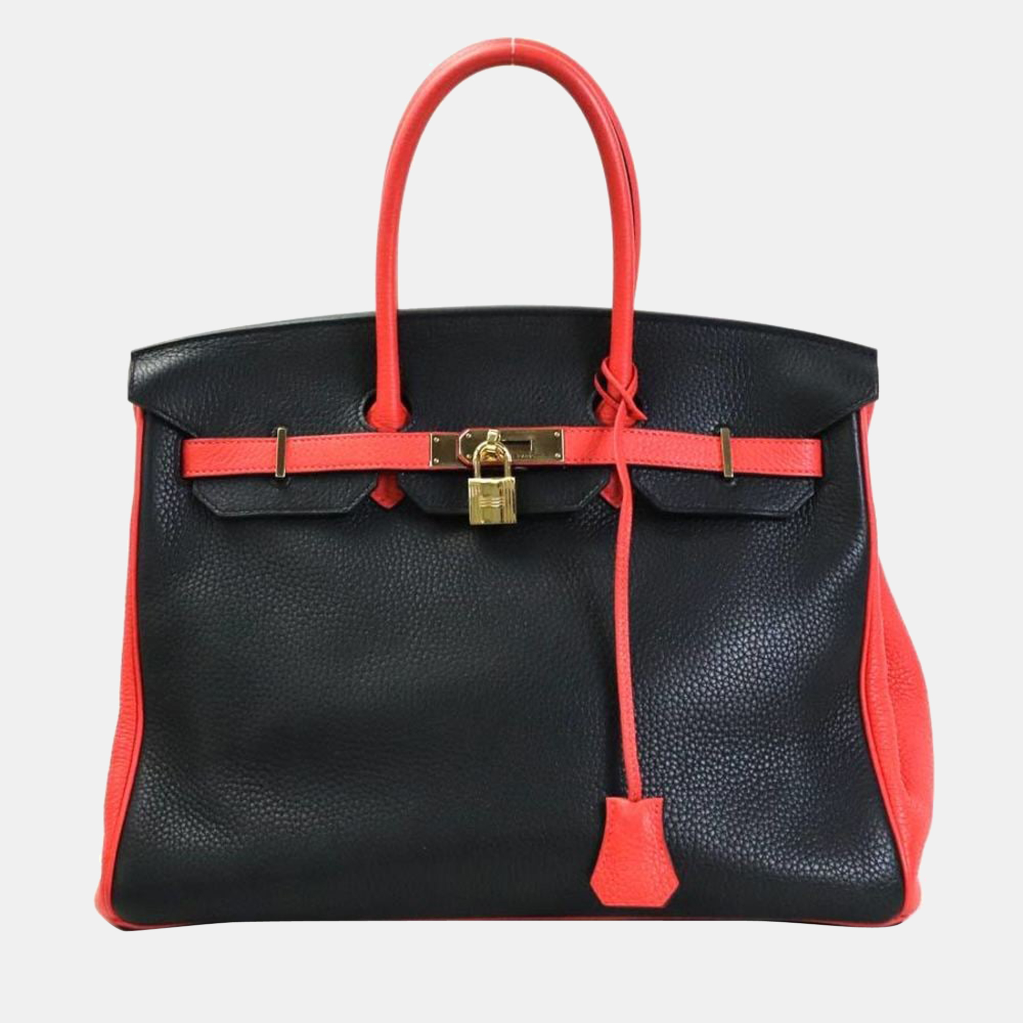 Hermes Handbag Personal Order Birkin 35 Taurillon Clemence Black x Rouge Pivoine Gold Unisex