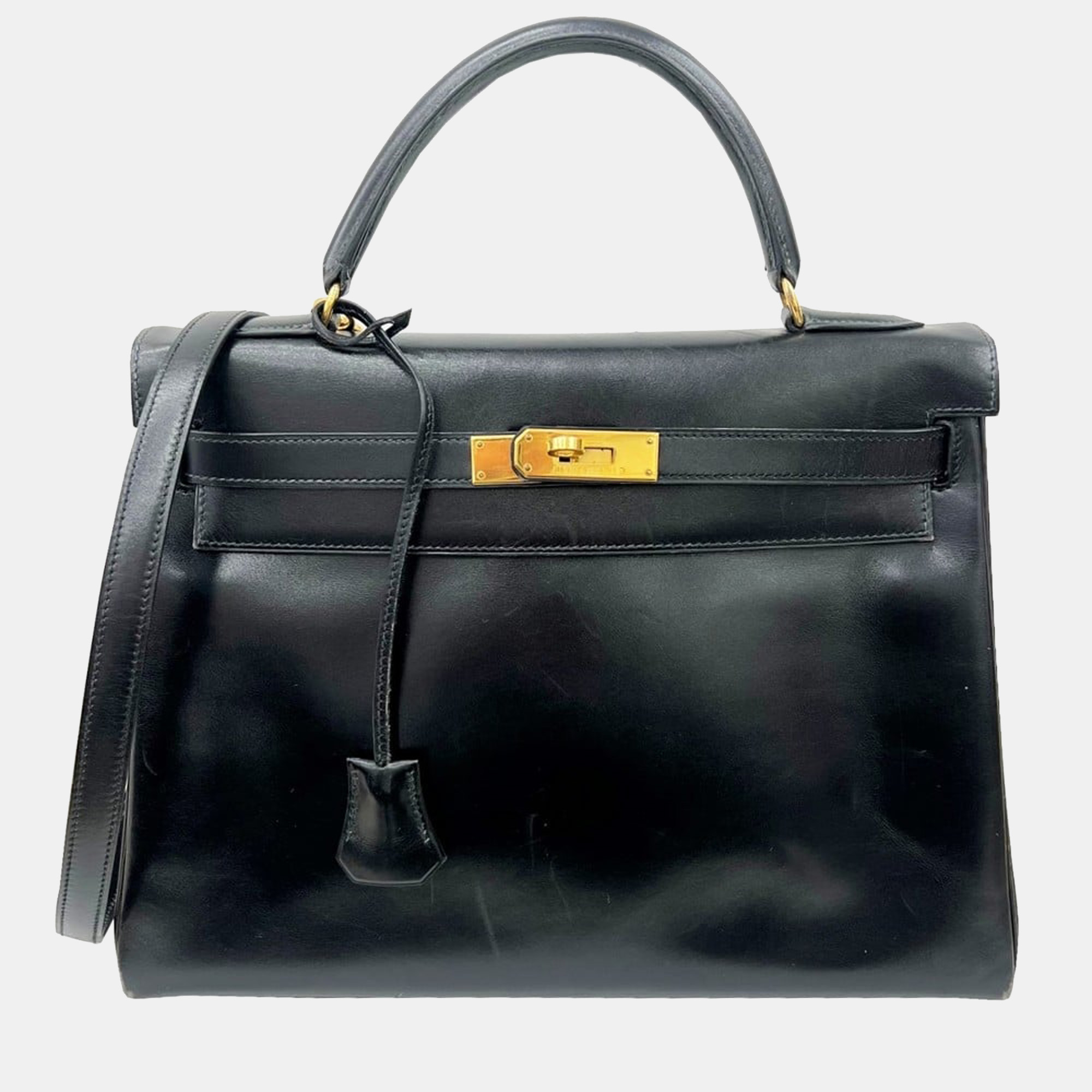 Hermes Kelly 32 Inner Stitch Box Calf W Engraved Black Gold Metal Fittings 2WAY Shoulder Handbag Ladies