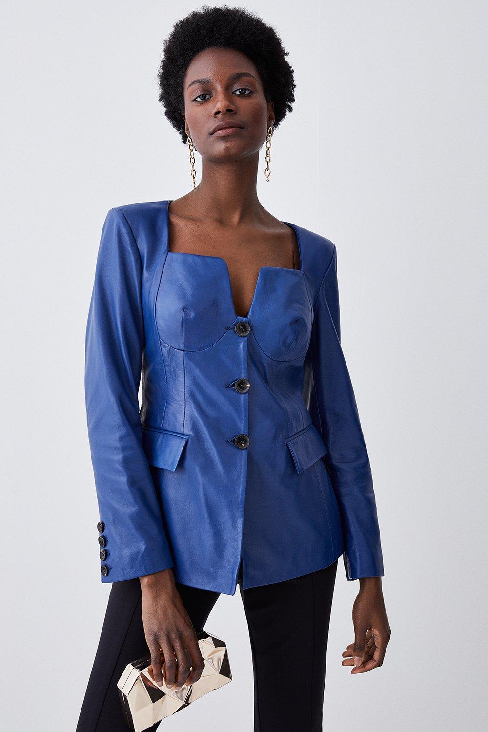 Leather V Neck Long Sleeve Button Front Top - Blue