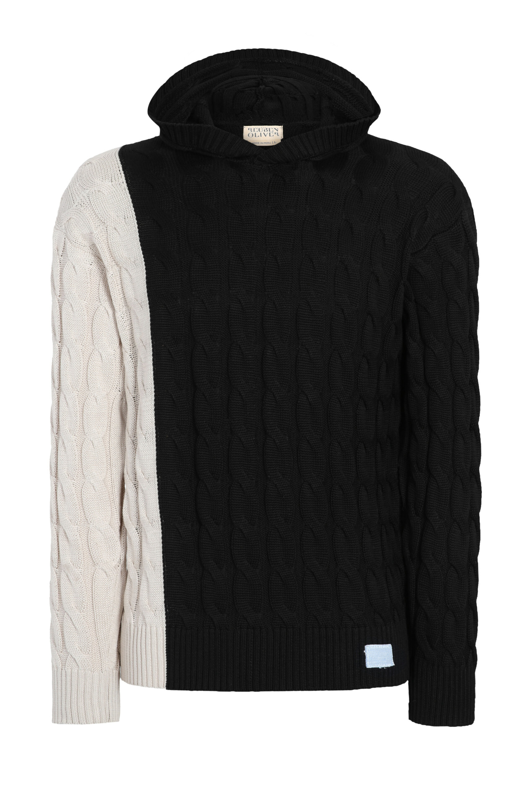 Men's Black / White Two-Toned Cable Knit Hoodie Small Reuben Oliver