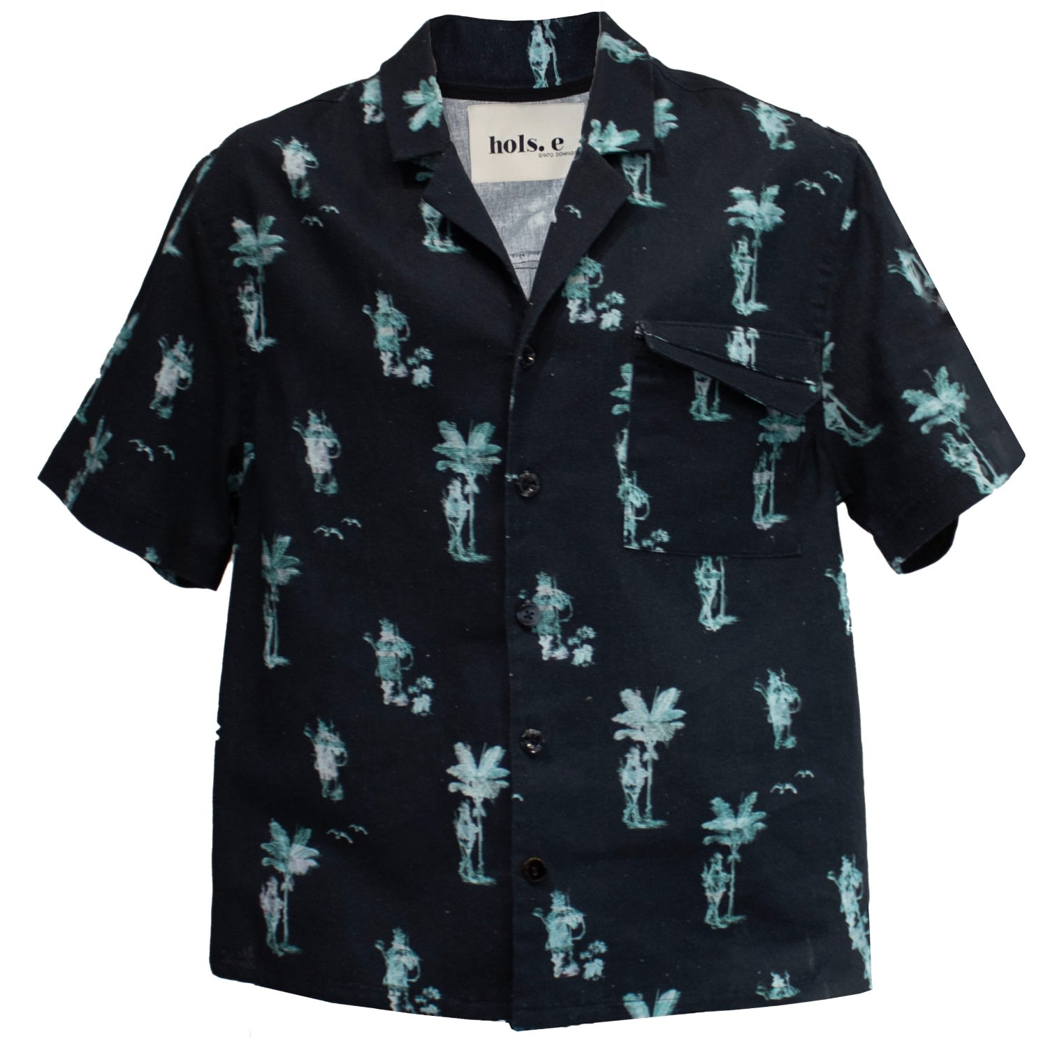 Men's Blue Ocean Taino Toile Hawaiian Shirt Small hols. e