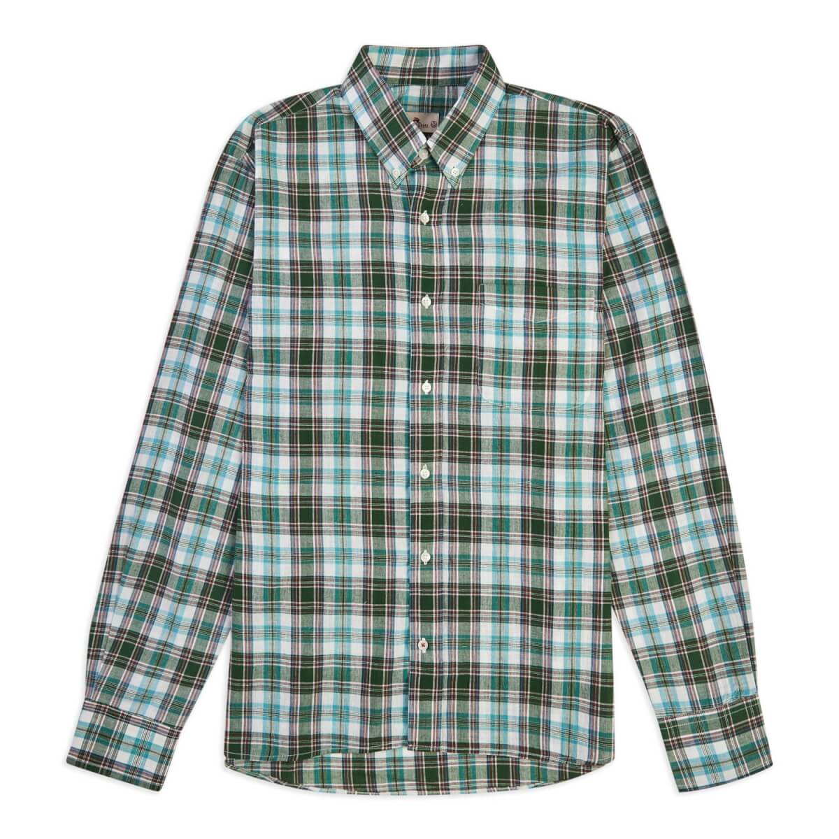 Men's Check Button Down Shirt - Green Small Burrows & Hare