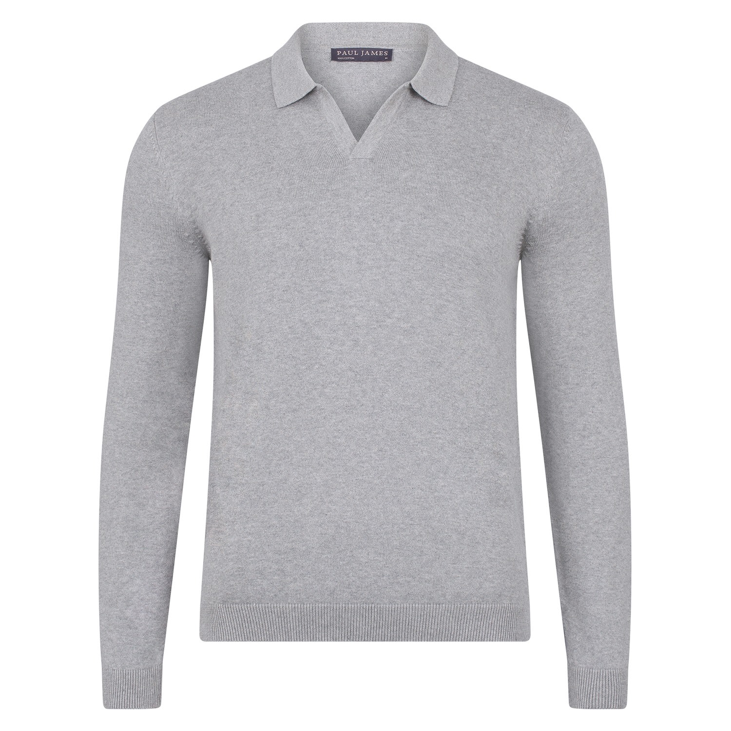 Mens Cotton Lightweight Lyndon Buttonless Polo Shirt - Ash Grey Small Paul James Knitwear