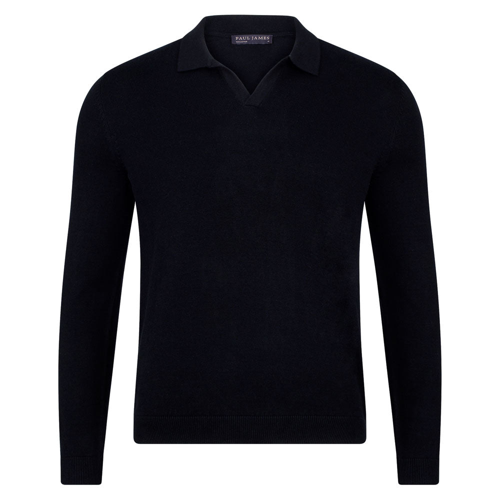 Mens Cotton Lightweight Lyndon Buttonless Polo Shirt - Black Extra Small Paul James Knitwear