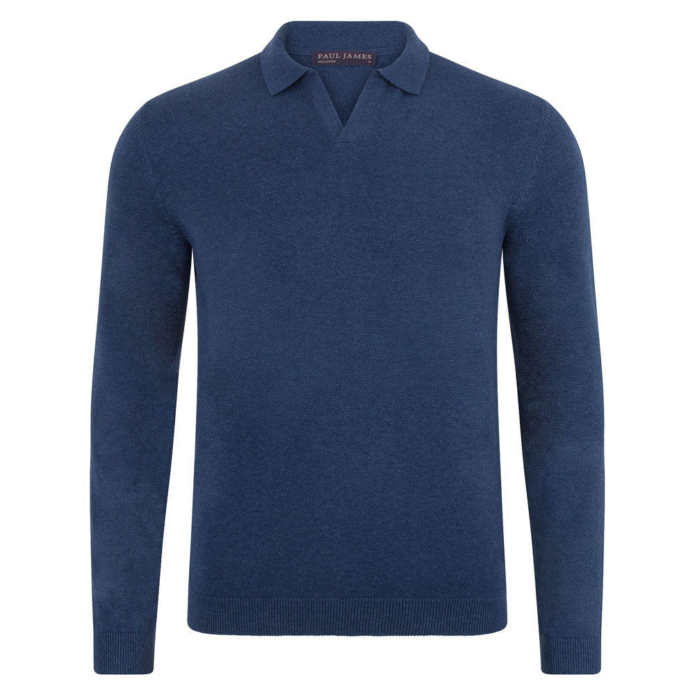 Mens Cotton Lightweight Lyndon Buttonless Polo Shirt - Blue Melange Small Paul James Knitwear
