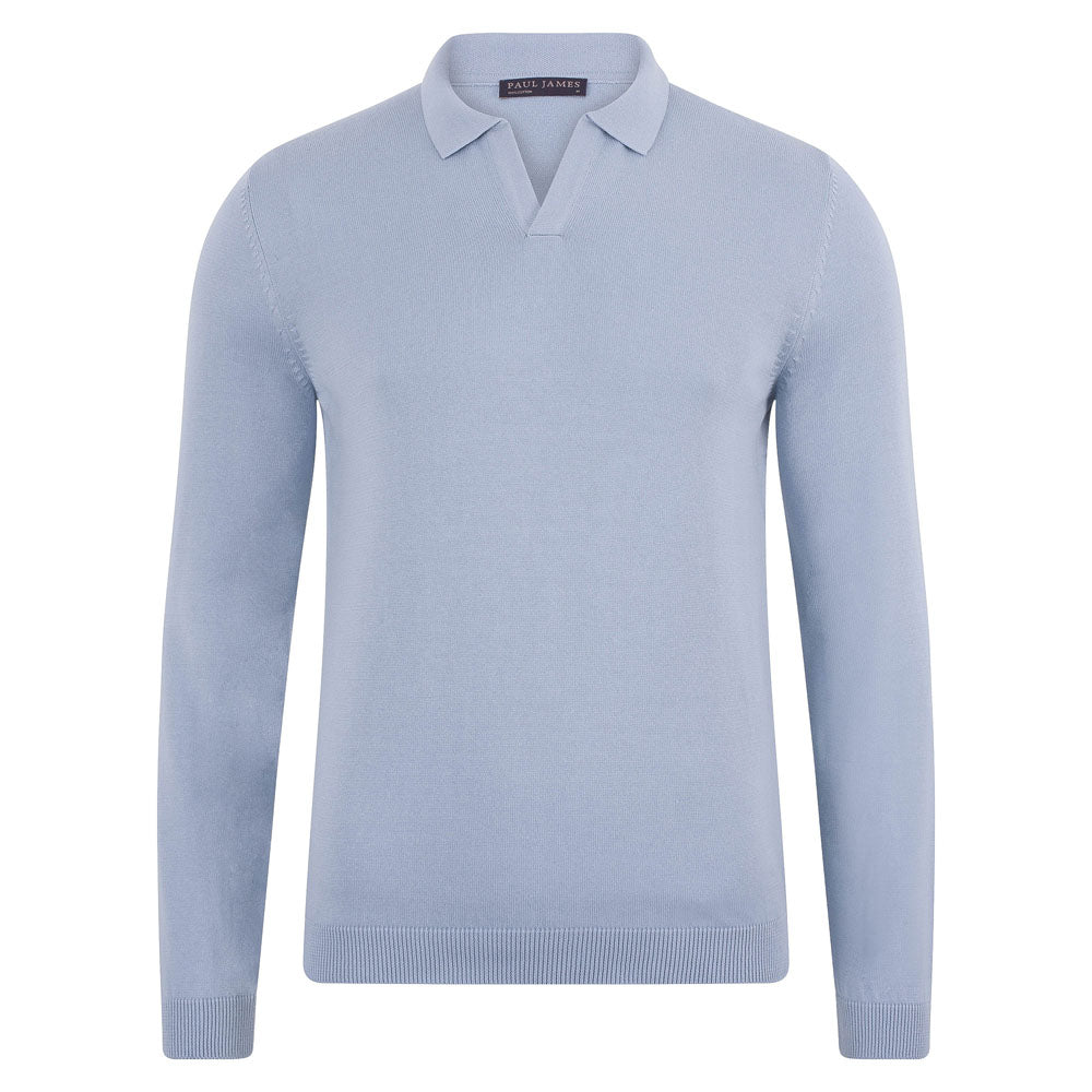 Mens Cotton Lightweight Lyndon Buttonless Polo Shirt - Chalk Blue Small Paul James Knitwear