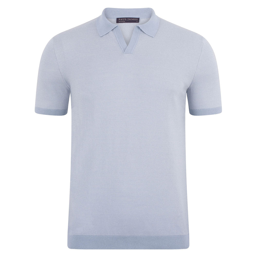 Mens Lightweight Cotton Giovanni Honeycomb Buttonless Polo Shirt - Chalk Blue Small Paul James Knitwear
