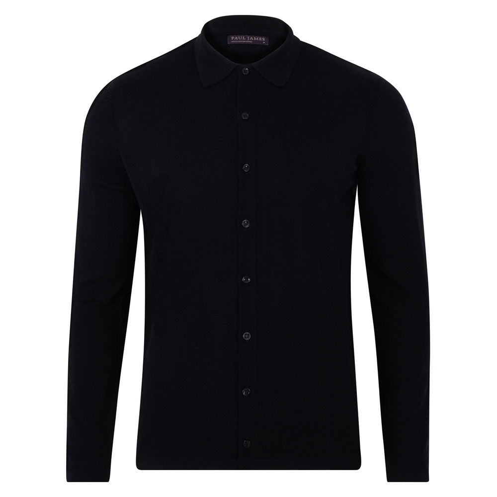 Mens Lightweight Extra Fine Merino Long Sleeve Aiden Shirt - Black Small Paul James Knitwear
