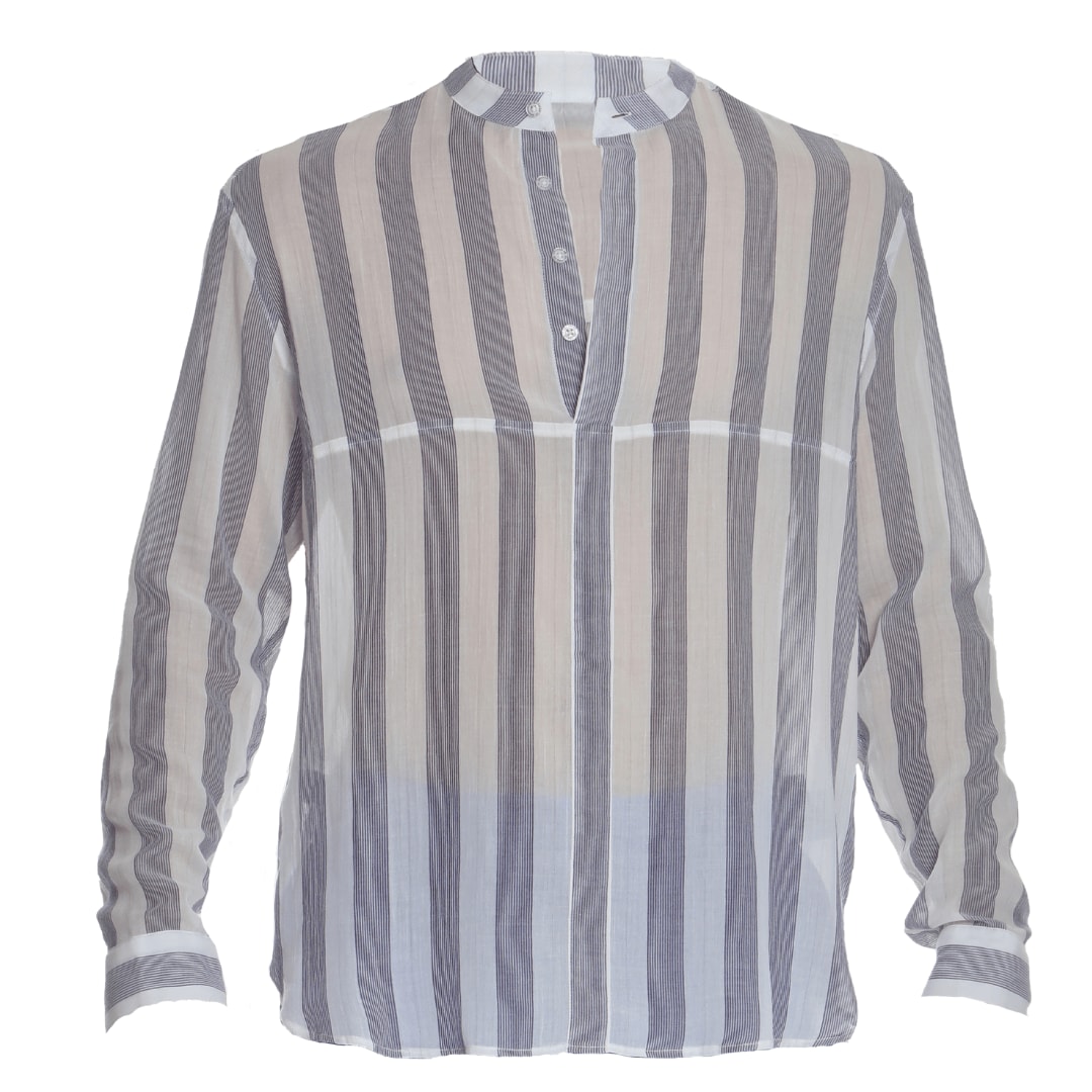 Men's Long Sleeve Lounge Shirt White/Navy Stripe S/M SHOKAN 28
