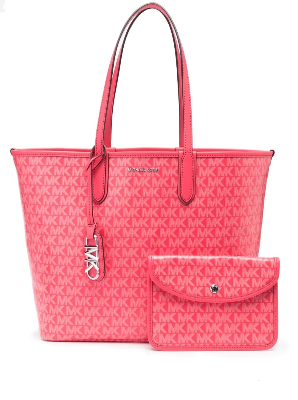 Michael Michael Kors Big Pink Tote Bag With All-Over Monogram And Logo Charm In Faux Leather Woman