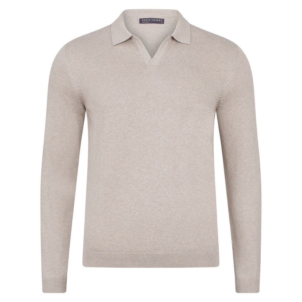 Neutrals Mens Cotton Lightweight Lyndon Buttonless Polo Shirt - Fawn Extra Small Paul James Knitwear