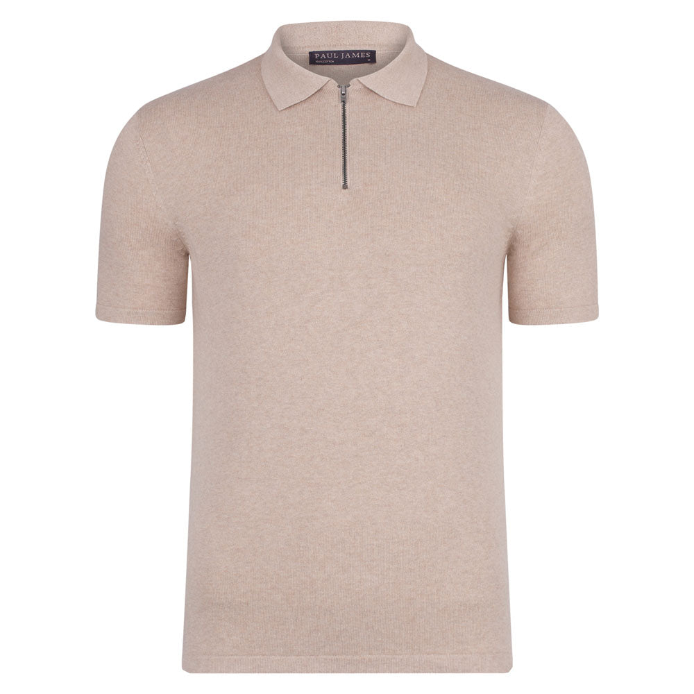 Neutrals Mens Lightweight 100% Cotton Short Sleeve Zip Neck Lewis Polo Shirt - Sand XXL Paul James Knitwear