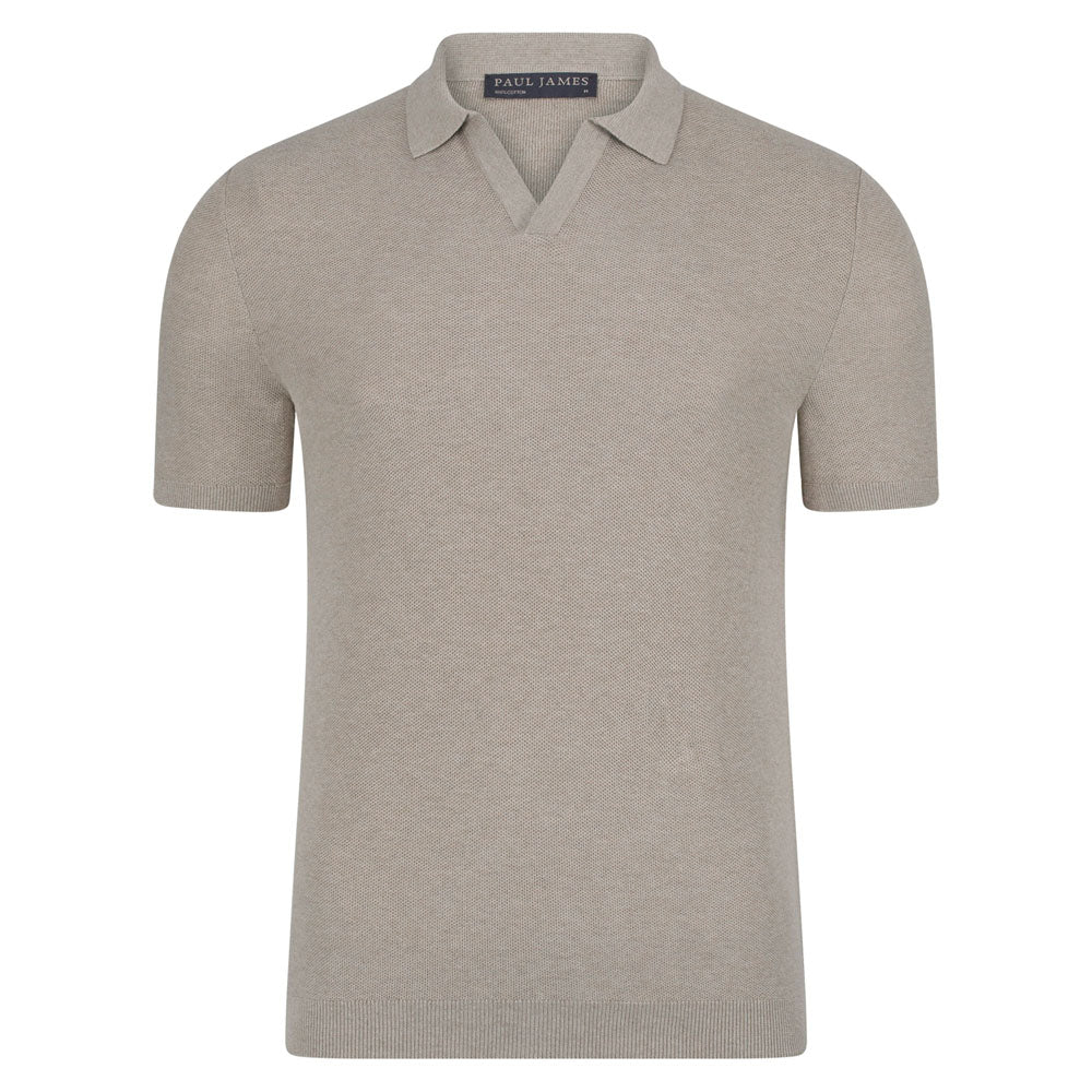Neutrals Mens Lightweight Cotton Galileo Textured Buttonless Polo Shirt - Fawn Small Paul James Knitwear
