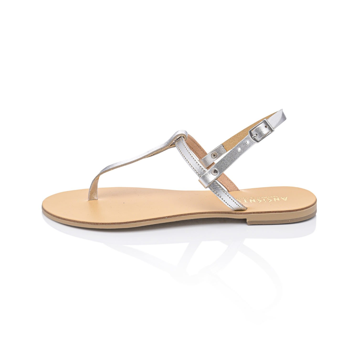 Neutrals / Silver Brizo Silver/Nude Handcrafted Women's Leather T-Strap Sandals - Designer Fashion Flat Sandals With Toe Separator 3 Uk Ancientoo