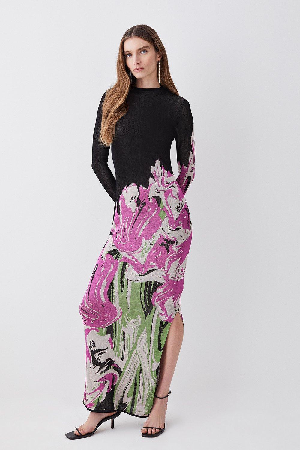 Optical Jacquard Knitted Maxi Column Dress - Multi