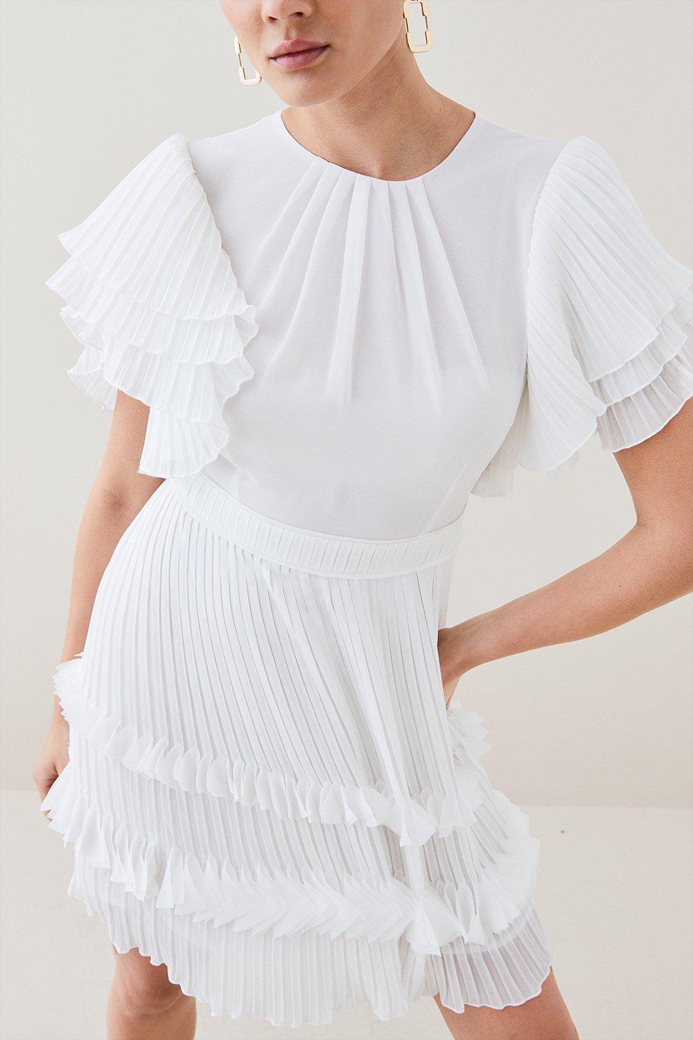 Pleat Detail Fluted Sleeve Short Dress - White