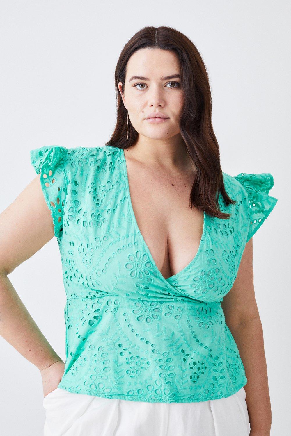 Plus Size Cotton Broderie Ruffle Sleeve Top - Green