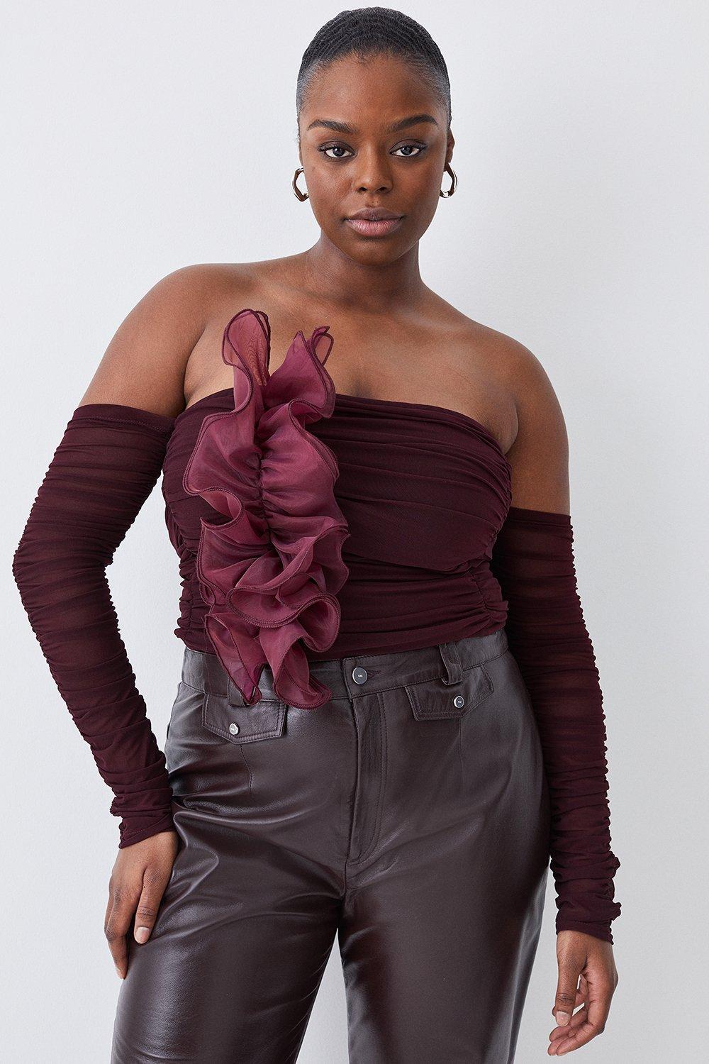 Plus Size Ponte And Mesh Rouched Organza Frill Bardot Top - Brown