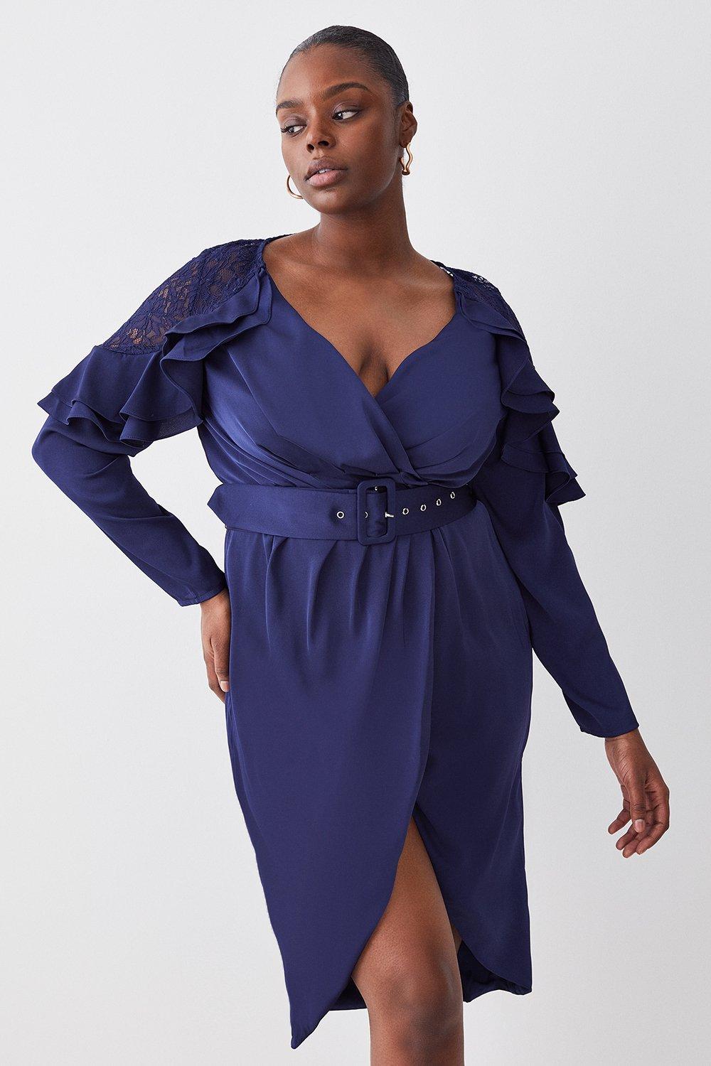 Plus Size Satin And Lace Ruffle Woven Midi Dress - Blue